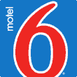 The motel 6 logo is red and white on a blue background.