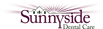 The logo for sunnyside dental care shows the sun shining through a house.