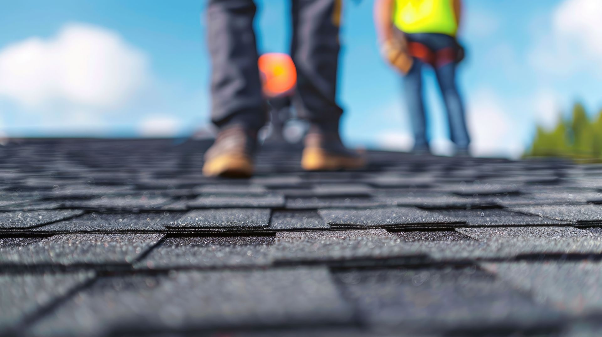 Close-up of a roofing contractor wearing safety gear while repairing a shingle roof.
