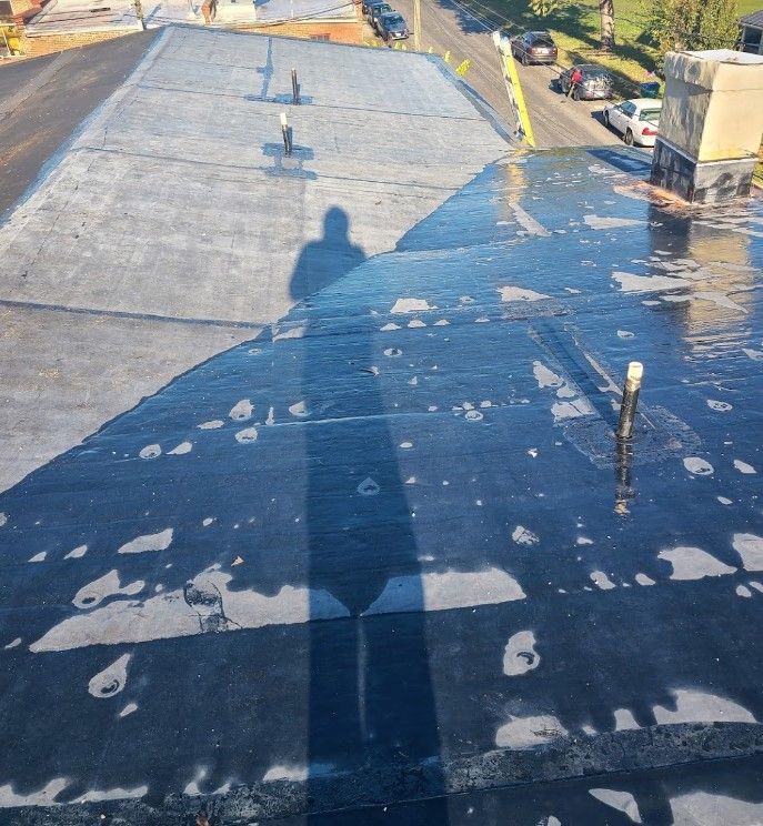 A shadow of a person is cast on the roof of a building