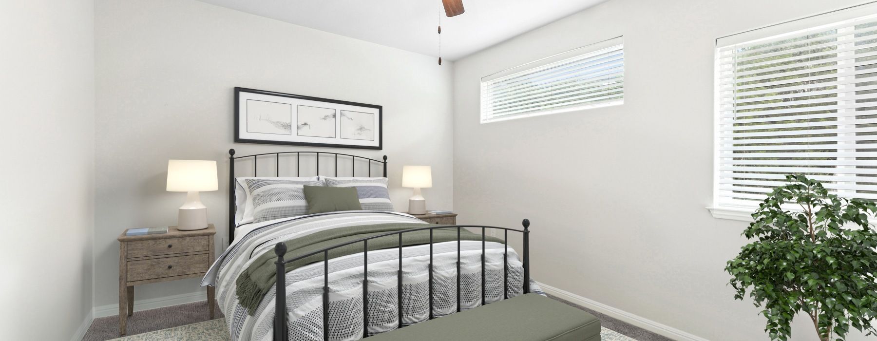Bedroom with a metal-framed bed, two nightstands, lamps, and a large window with blinds.