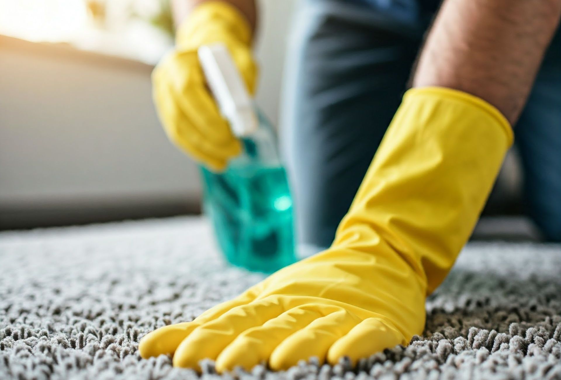 Technician applying eco-friendly carpet cleaning solution while cleaning a living room carpet