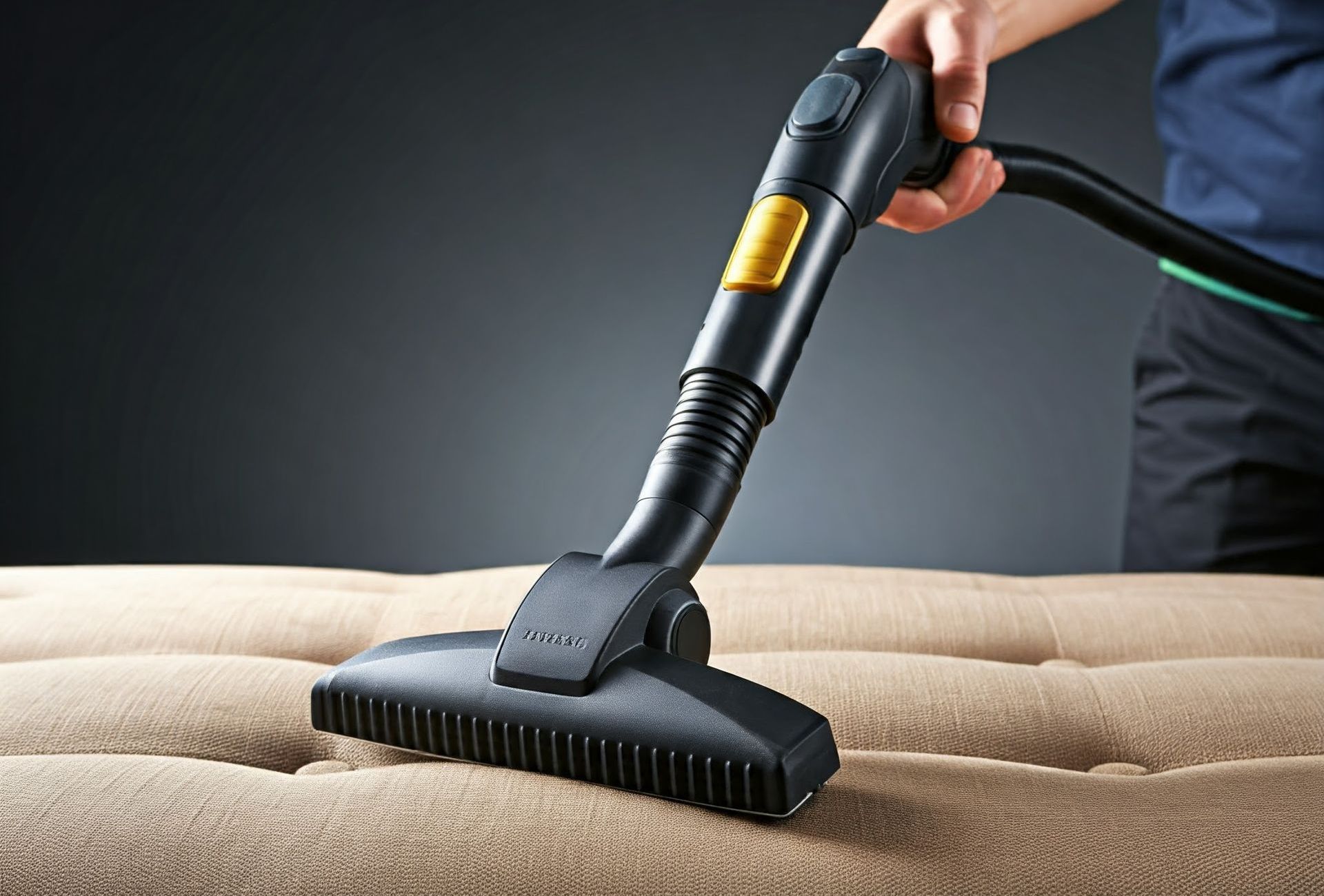 Upholstery cleaning technician using a steam cleaner on a fabric sofa to remove stains and dirt.