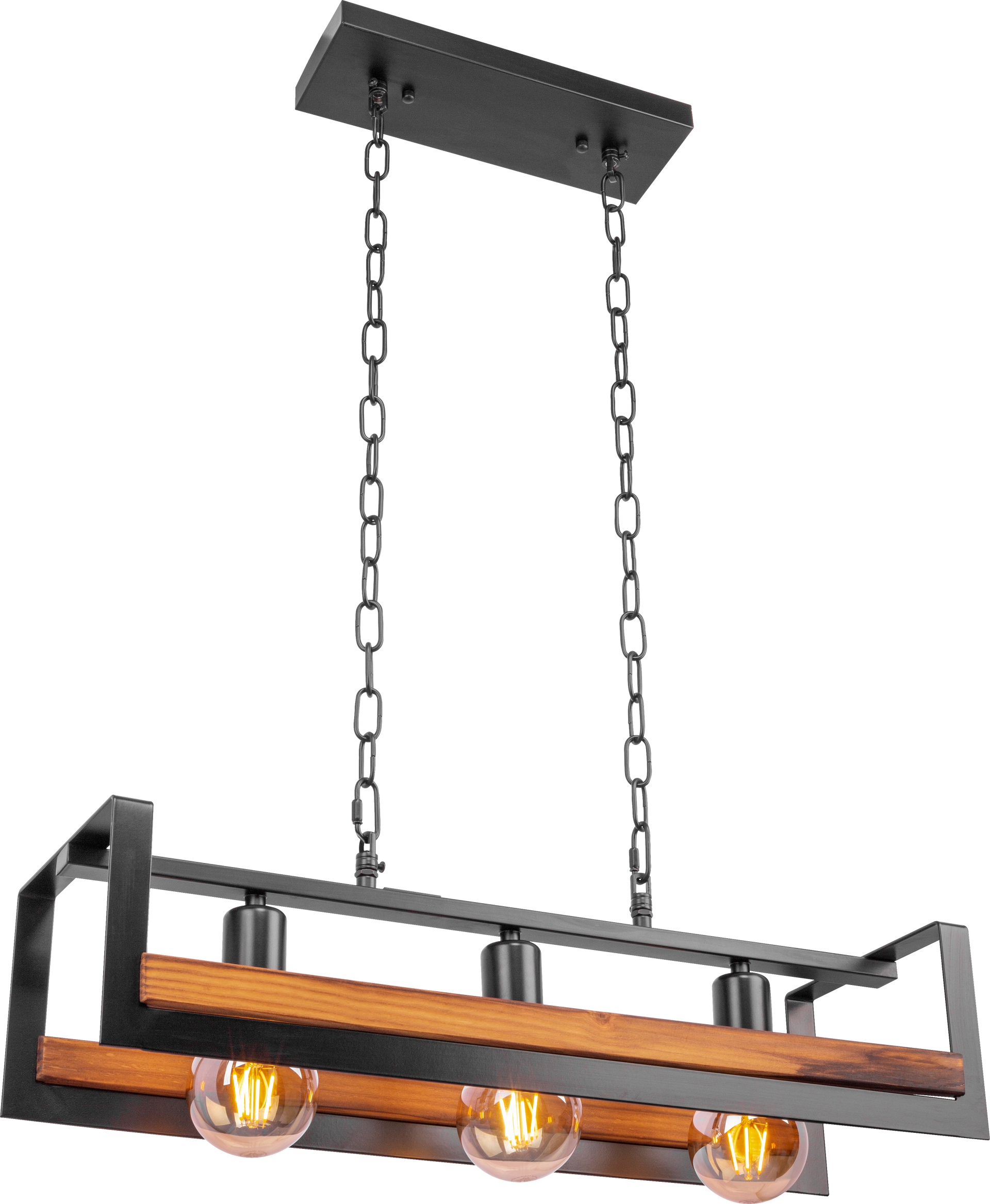 Une suspension en bois avec trois lumières suspendues à des chaînes.