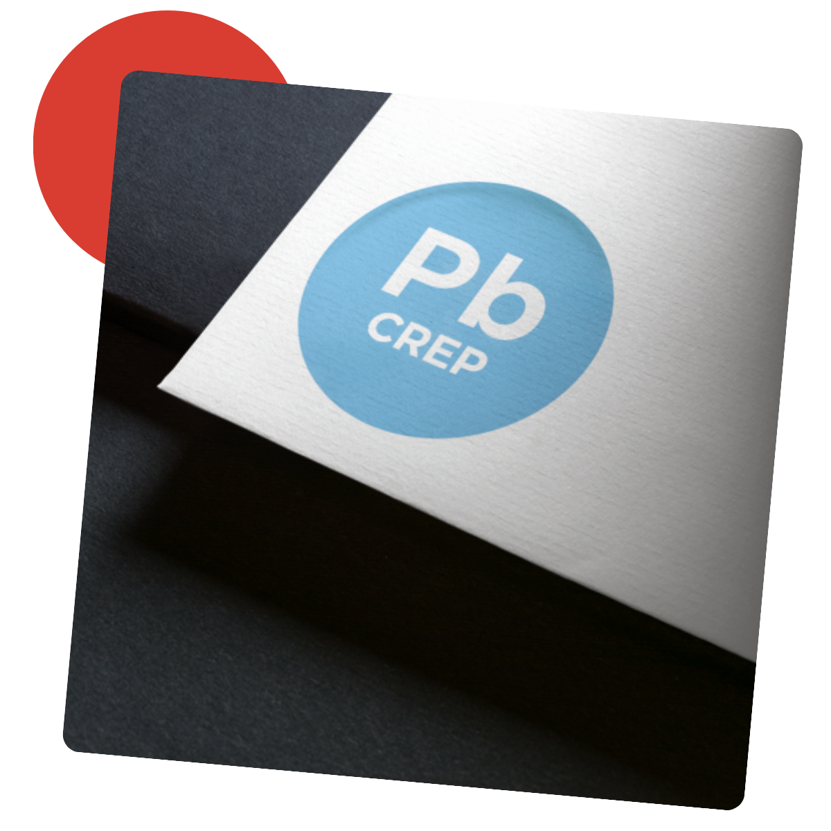 Carte blanche avec logo bleu « Pb CREP » sur fond foncé avec un cercle rouge.