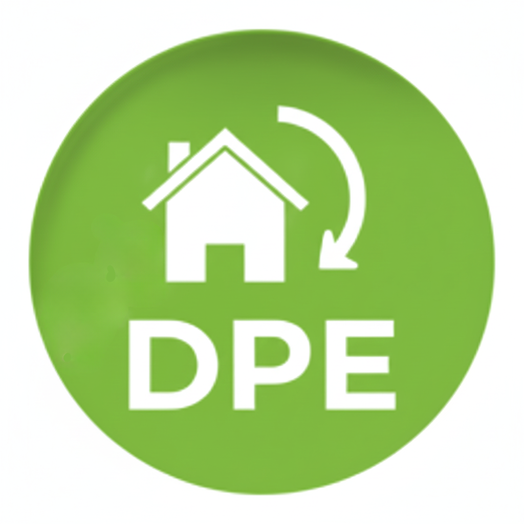 Cercle vert avec une icône de maison blanche et une flèche incurvée, plus le texte « DPE ».