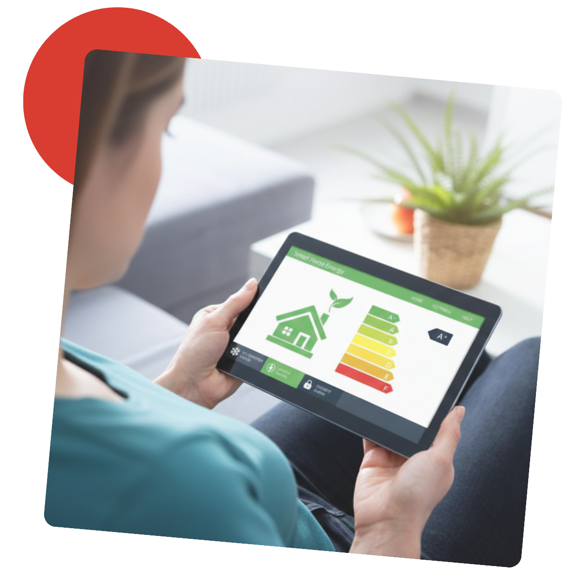 Femme tenant une tablette affichant un graphique d'efficacité énergétique domestique.