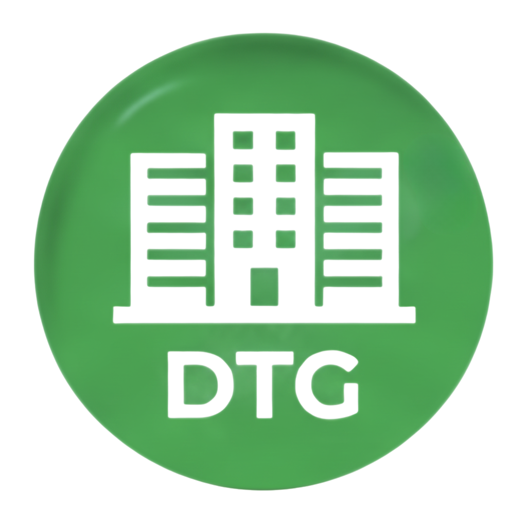 Cercle vert avec icône de bâtiment blanche et texte « DTG ».