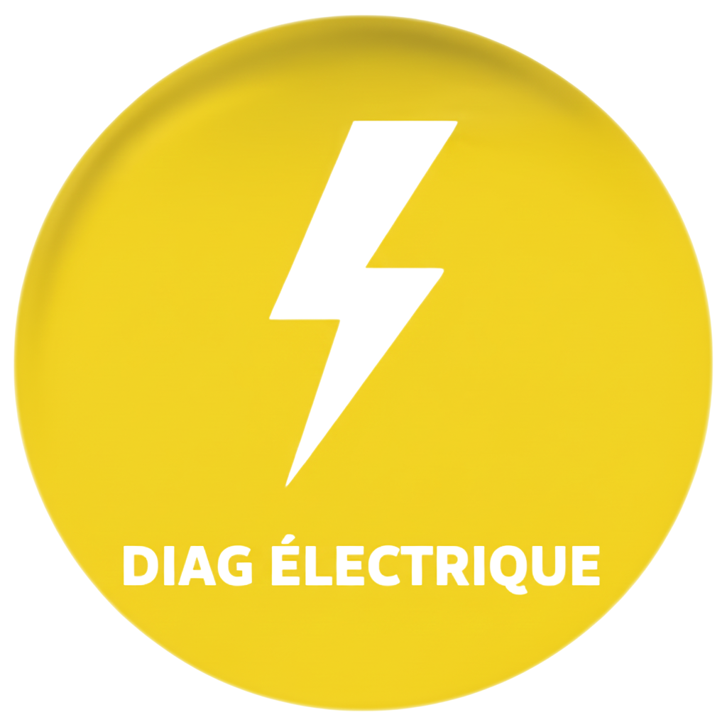Cercle jaune avec éclair blanc et texte « DIAG ÉLECTRIQUE ».