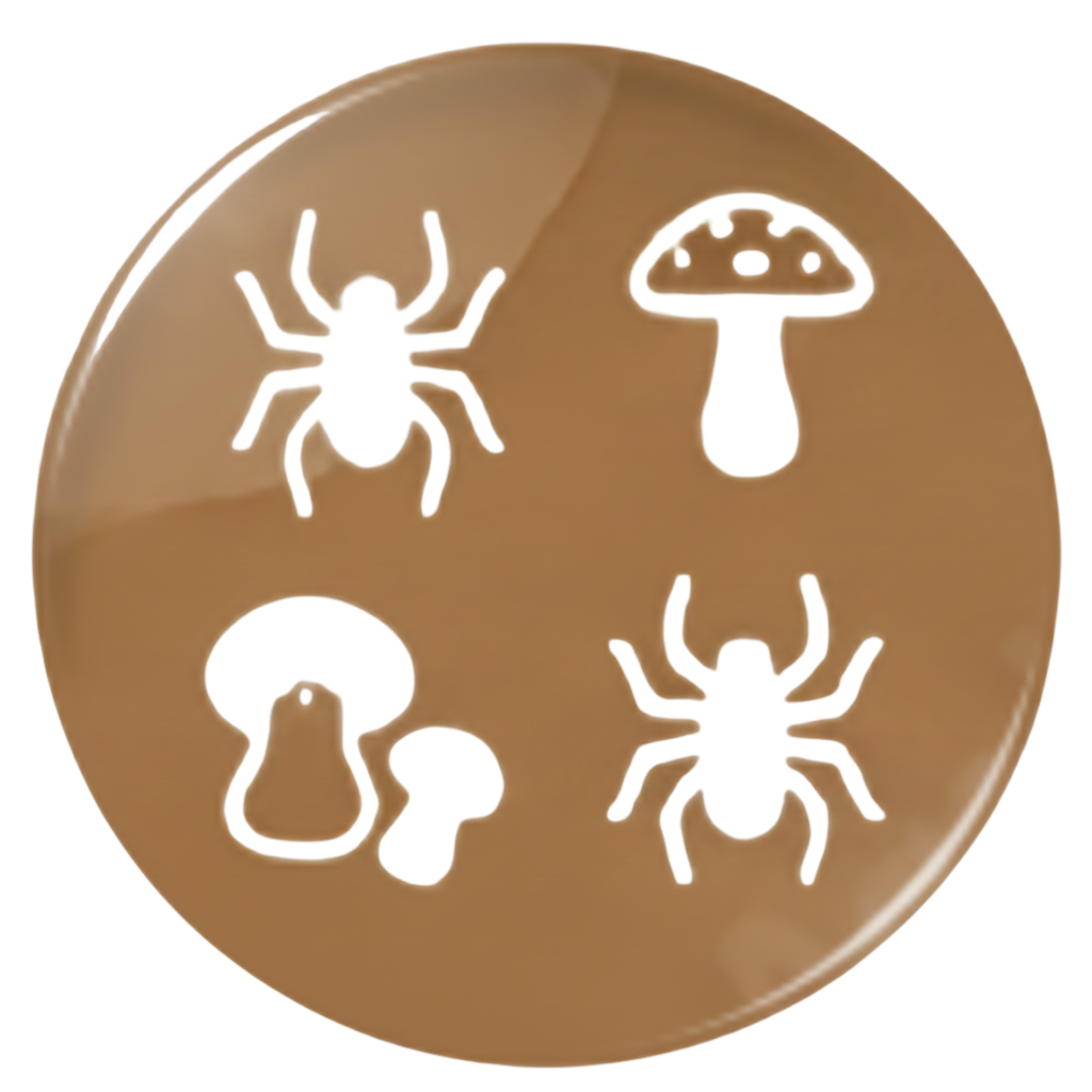 Bouton marron orné d'illustrations blanches d'araignées et de champignons.
