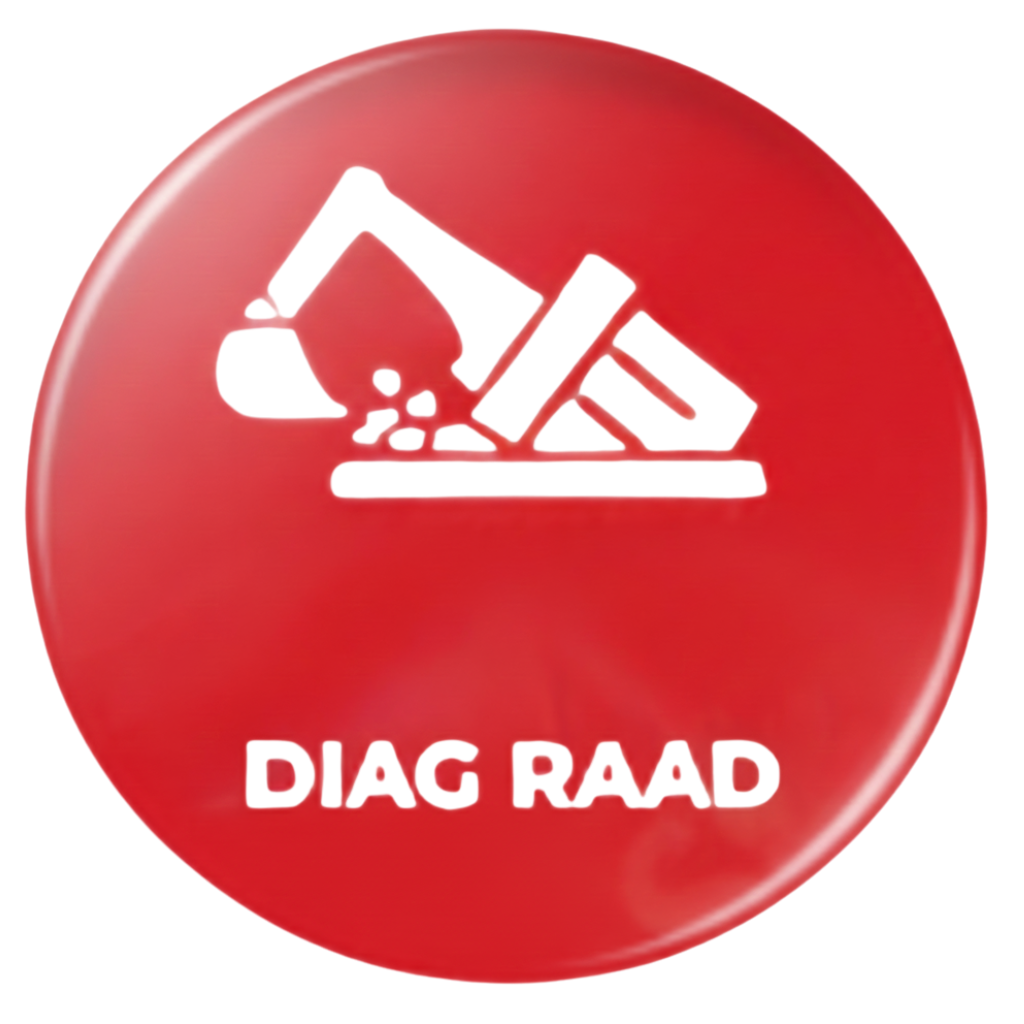 Bouton rouge avec icône d'excavatrice blanche et texte « DIAG RAAD ».