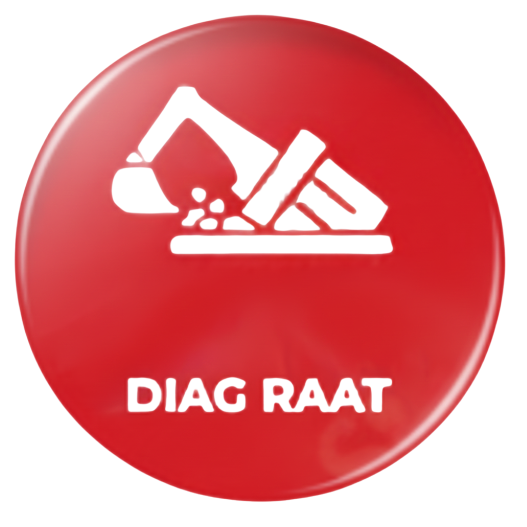 Cercle rouge avec symbole d'excavatrice blanche et les mots « DIAG RAAT ».