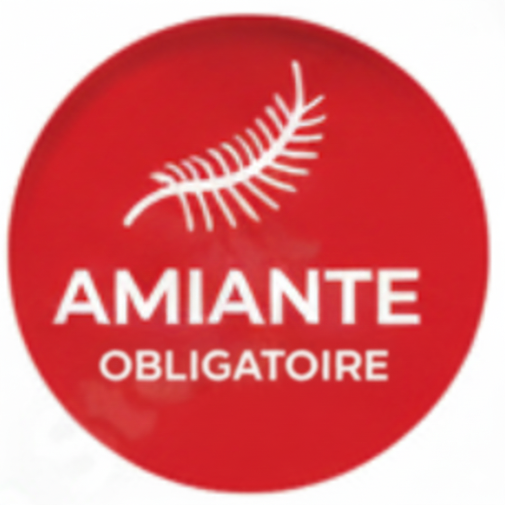 Cercle rouge, icône de fougère blanche, texte « AMIANTE OBLIGATOIRE ». Avertissement relatif à la présence d'amiante.