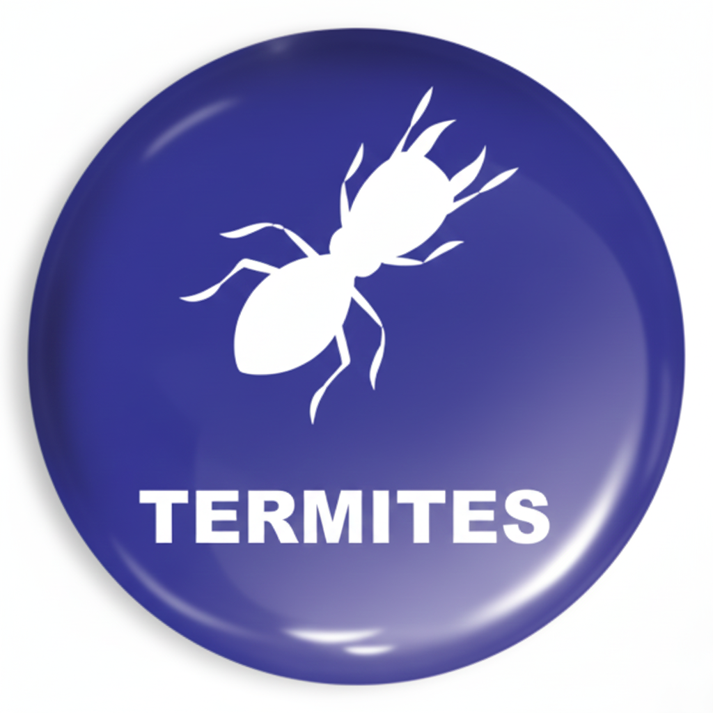 Bouton bleu avec un dessin de termite blanc et le mot « TERMITES ».