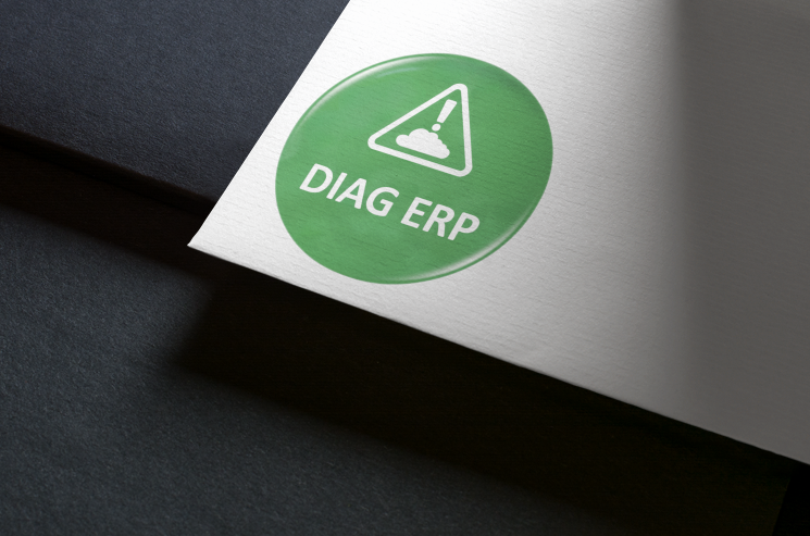 Autocollant vert avec un symbole d'avertissement blanc et le texte « DIAG ERP » sur papier blanc sur fond noir.