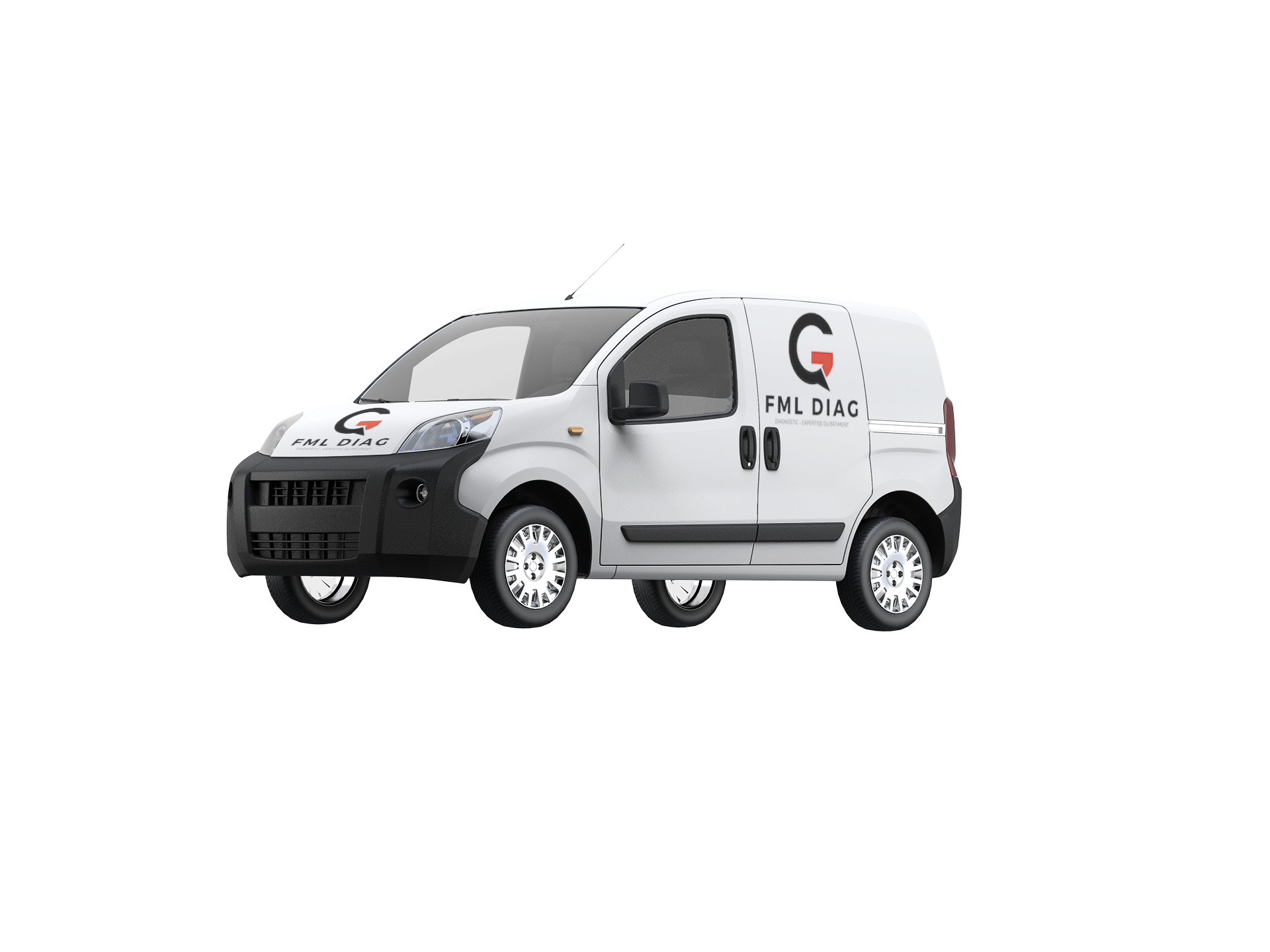 Fourgonnette blanche avec logo de l'entreprise.