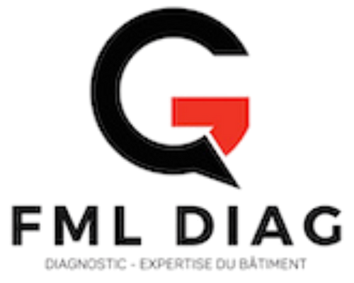 Logo de FML DIAG, société spécialisée dans le diagnostic et l'expertise du bâtiment. « G » noir avec une flèche rouge à l'intérieur, texte noir.