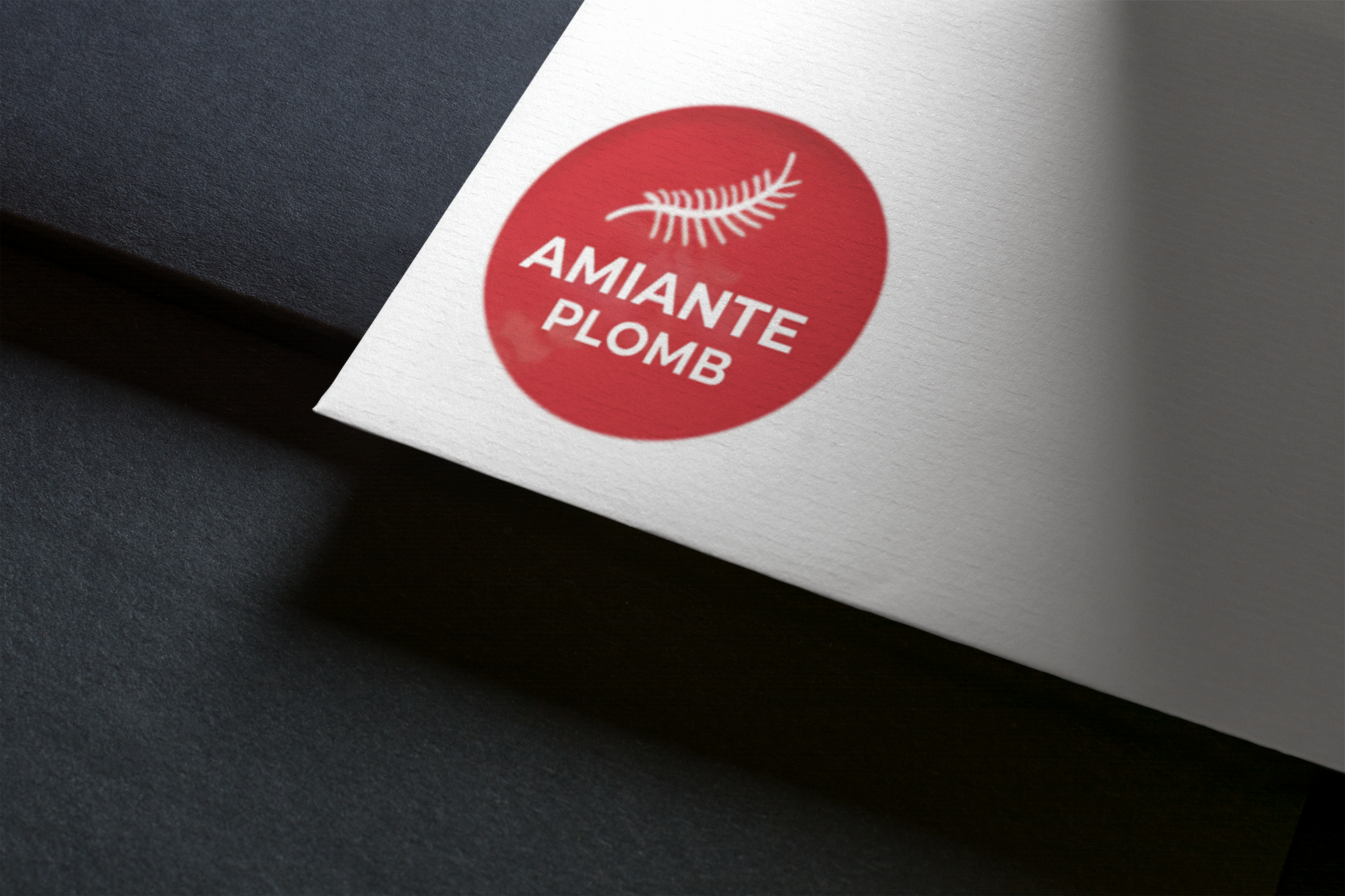 Cercle rouge avec le texte « AMIANTE PLOMB » et un motif de feuille sur papier blanc, appuyé sur une surface sombre.