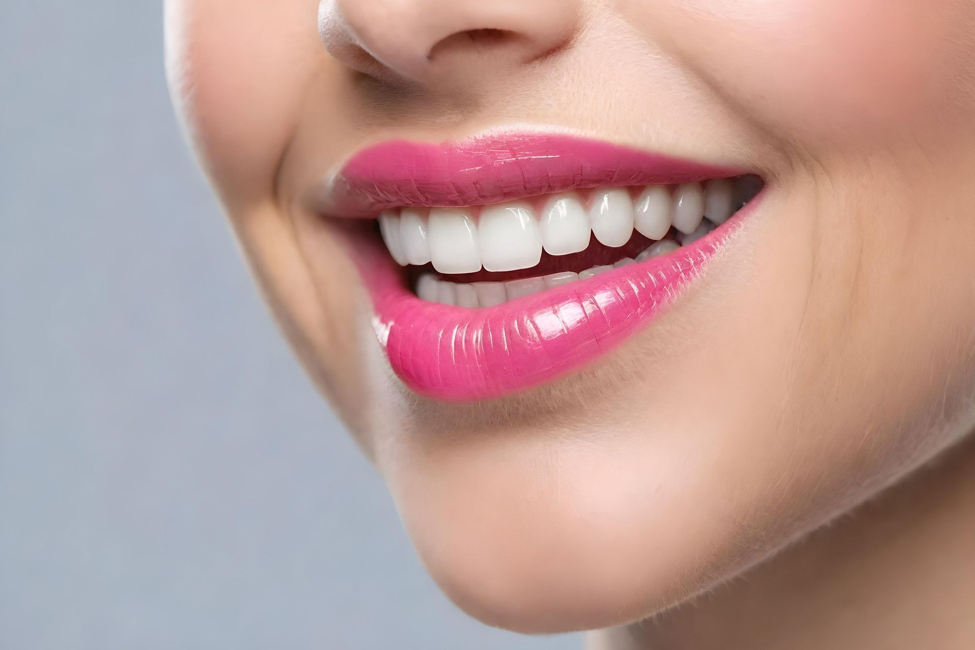 A close up of a woman 's smile with white teeth and pink lipstick.