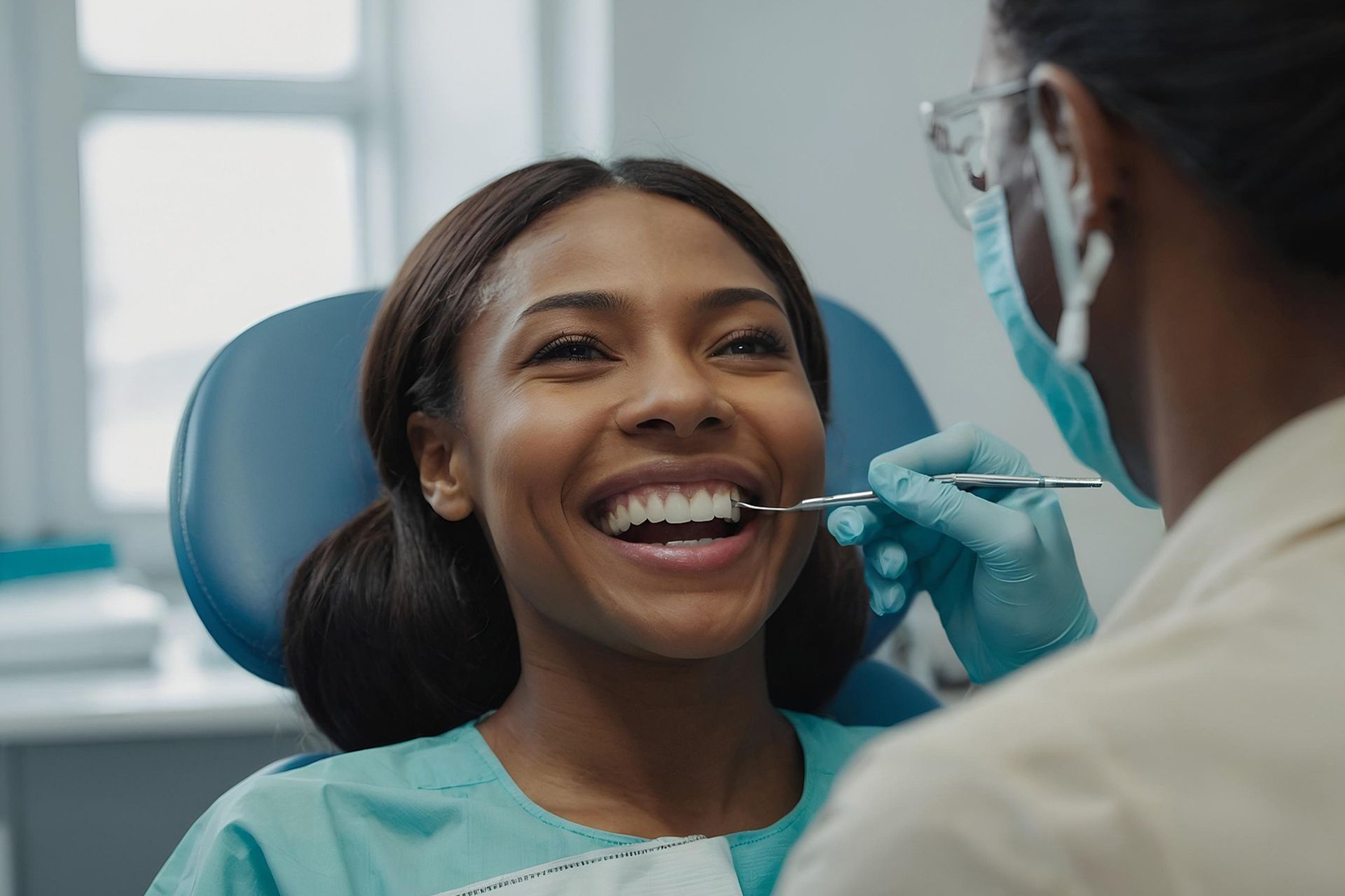 A woman is sitting in a dental chair while a dentist examines her teeth.