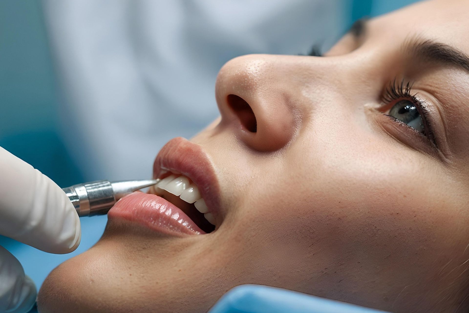 A woman is getting her teeth examined by a dentist.