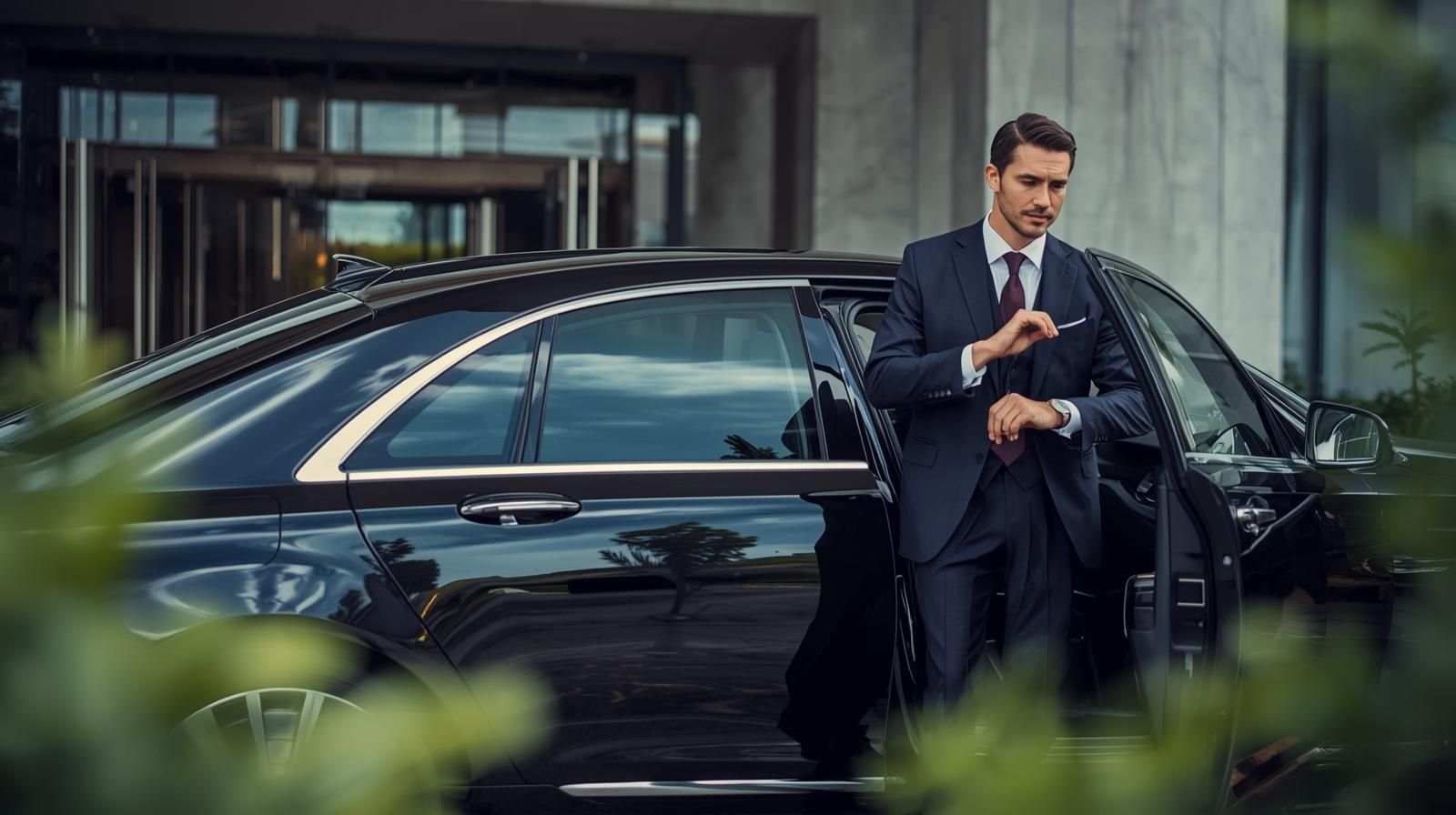 Man in suit exiting a black car, looking at his watch near a building entrance.