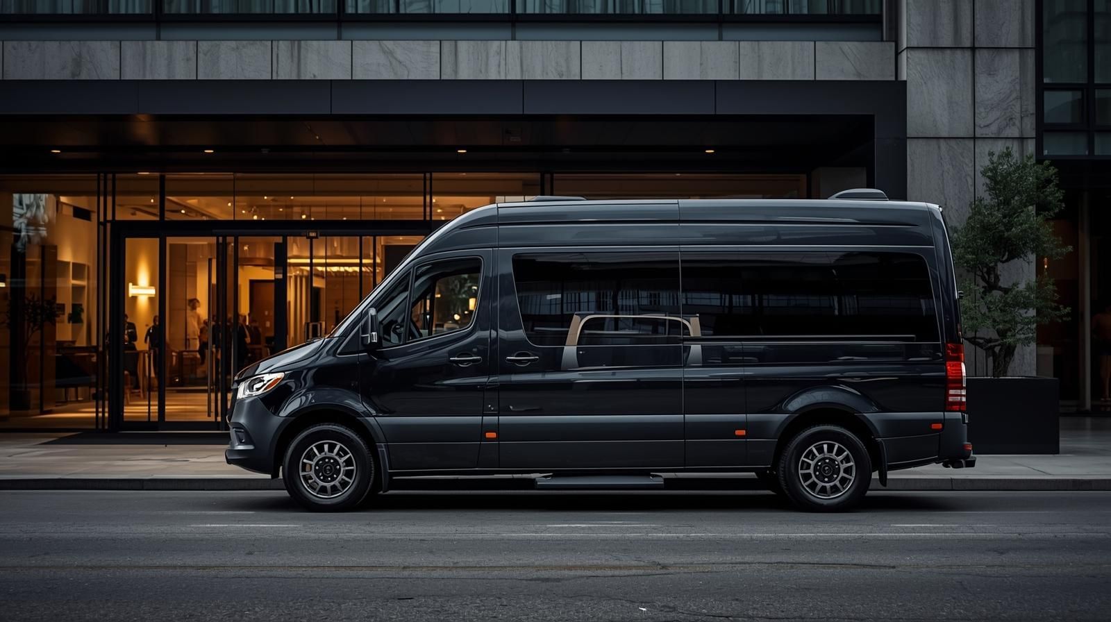 Black van parked outside a building with glass doors, streetlights illuminate the scene.