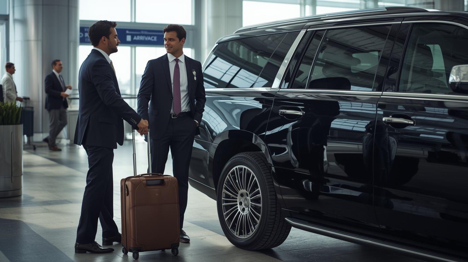 Two men in suits near a black SUV at an airport. One holds a suitcase.