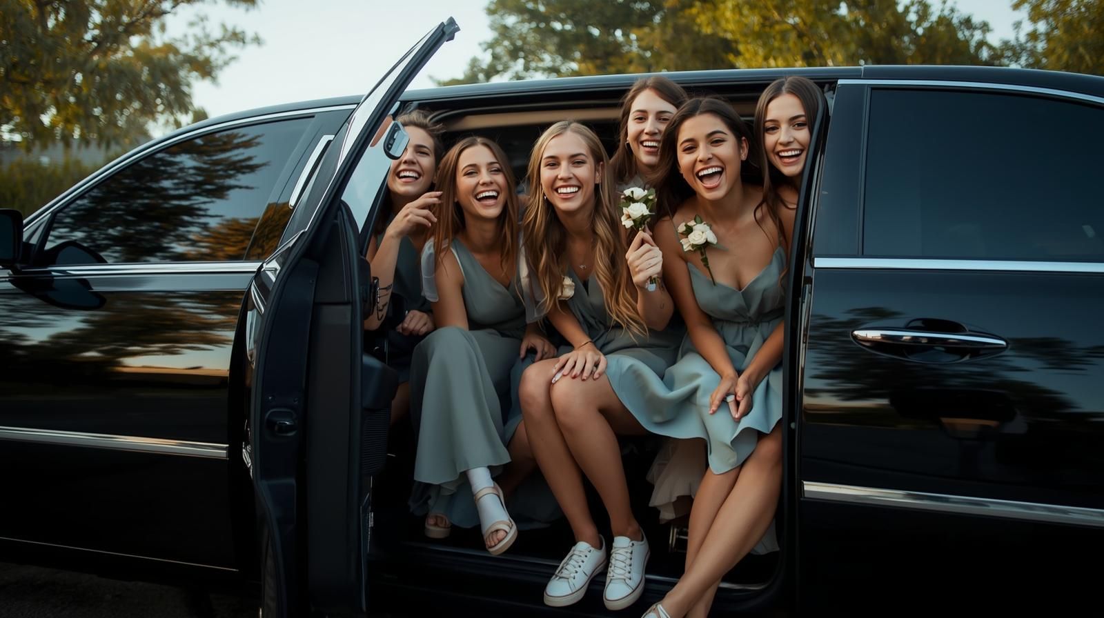 Six young women smiling and laughing from inside a black car with the door open.