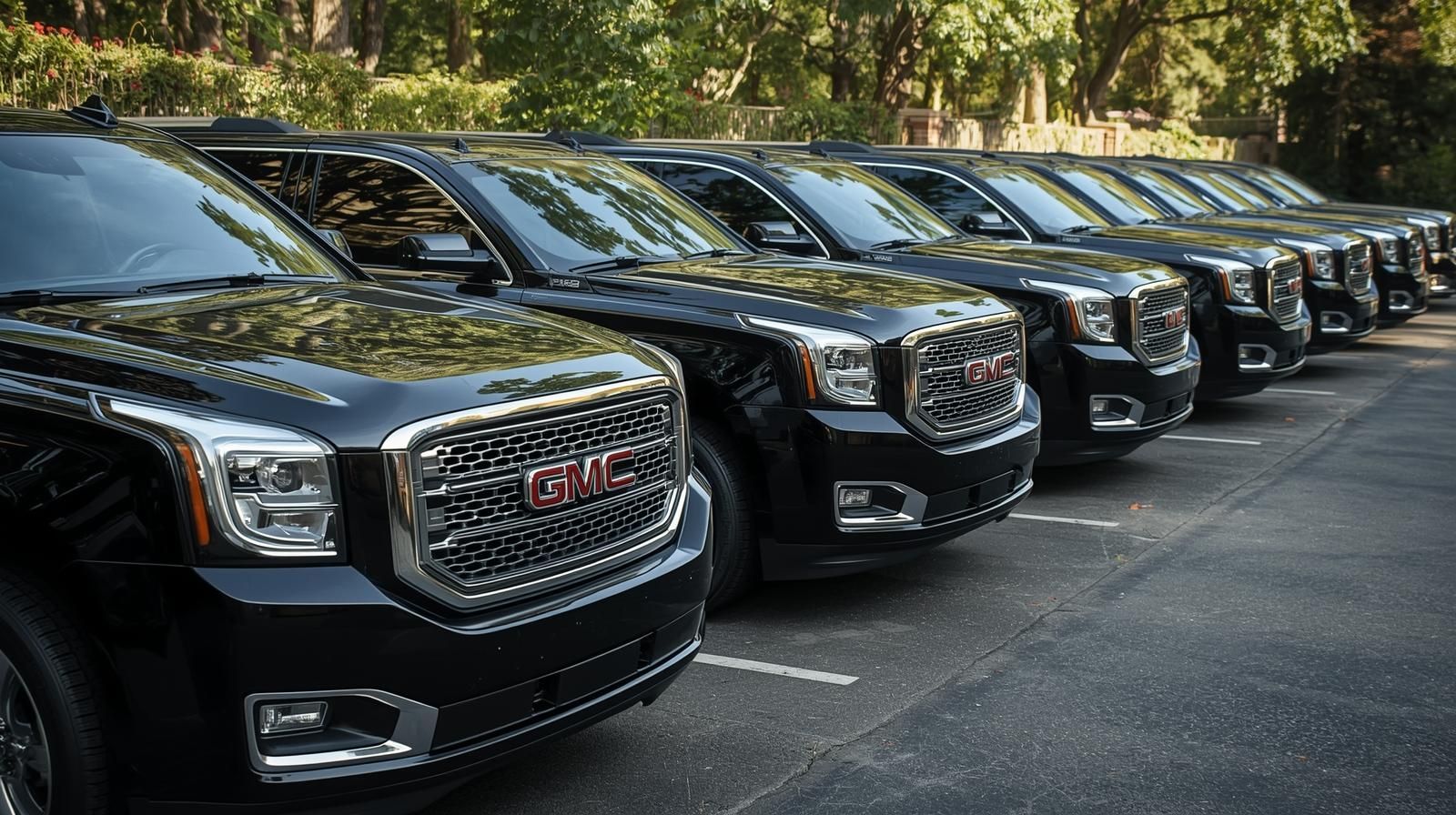 Line of black GMC Yukon SUVs parked on pavement.