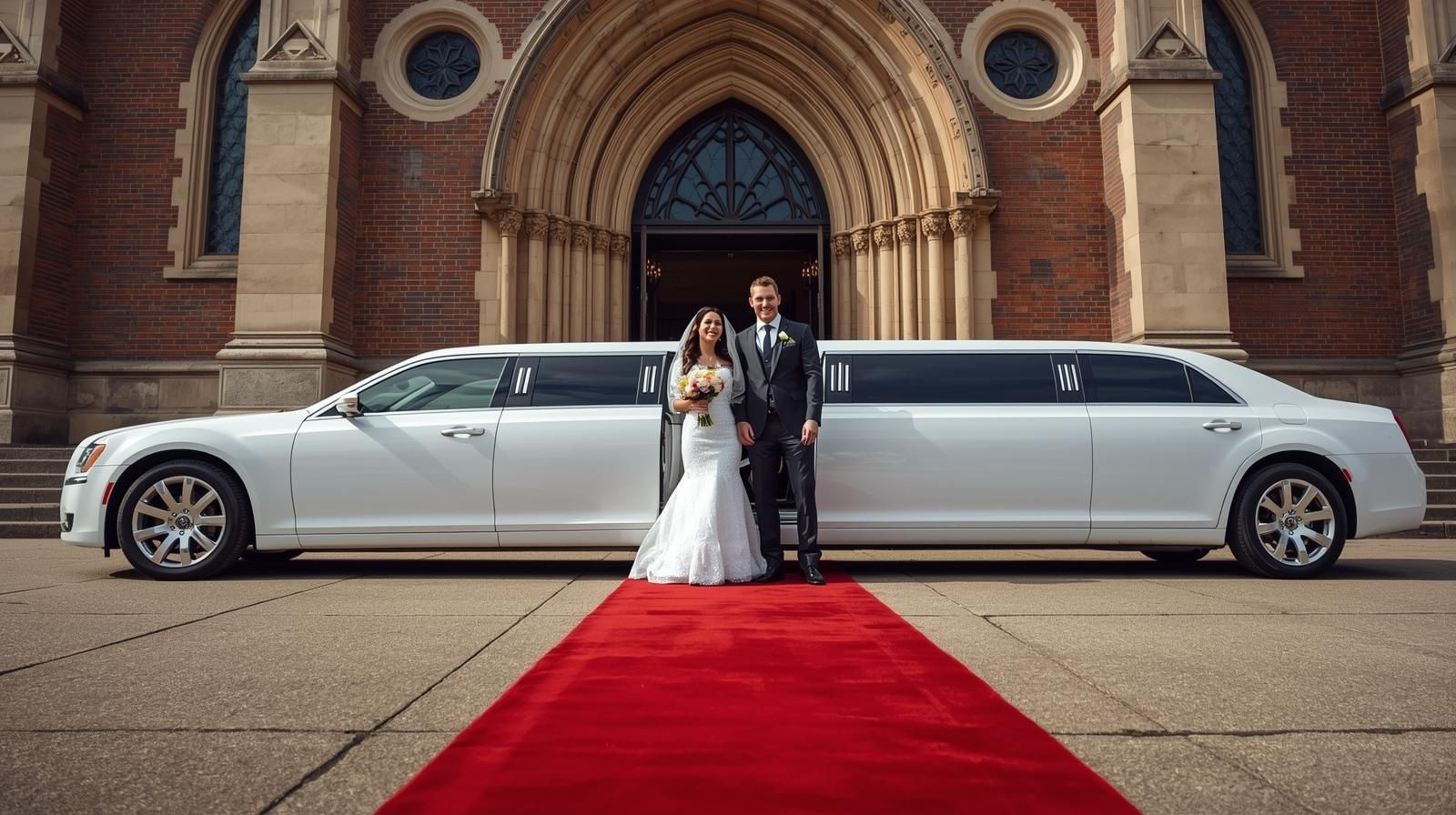Bride and groom stand by a white limousine on a red carpet in front of a church.