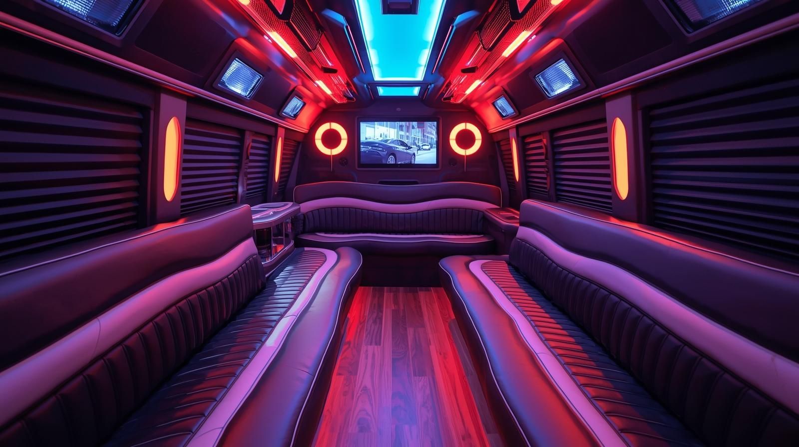 Interior of a party bus with neon lights.  Leather seating and wood flooring. A television is mounted.