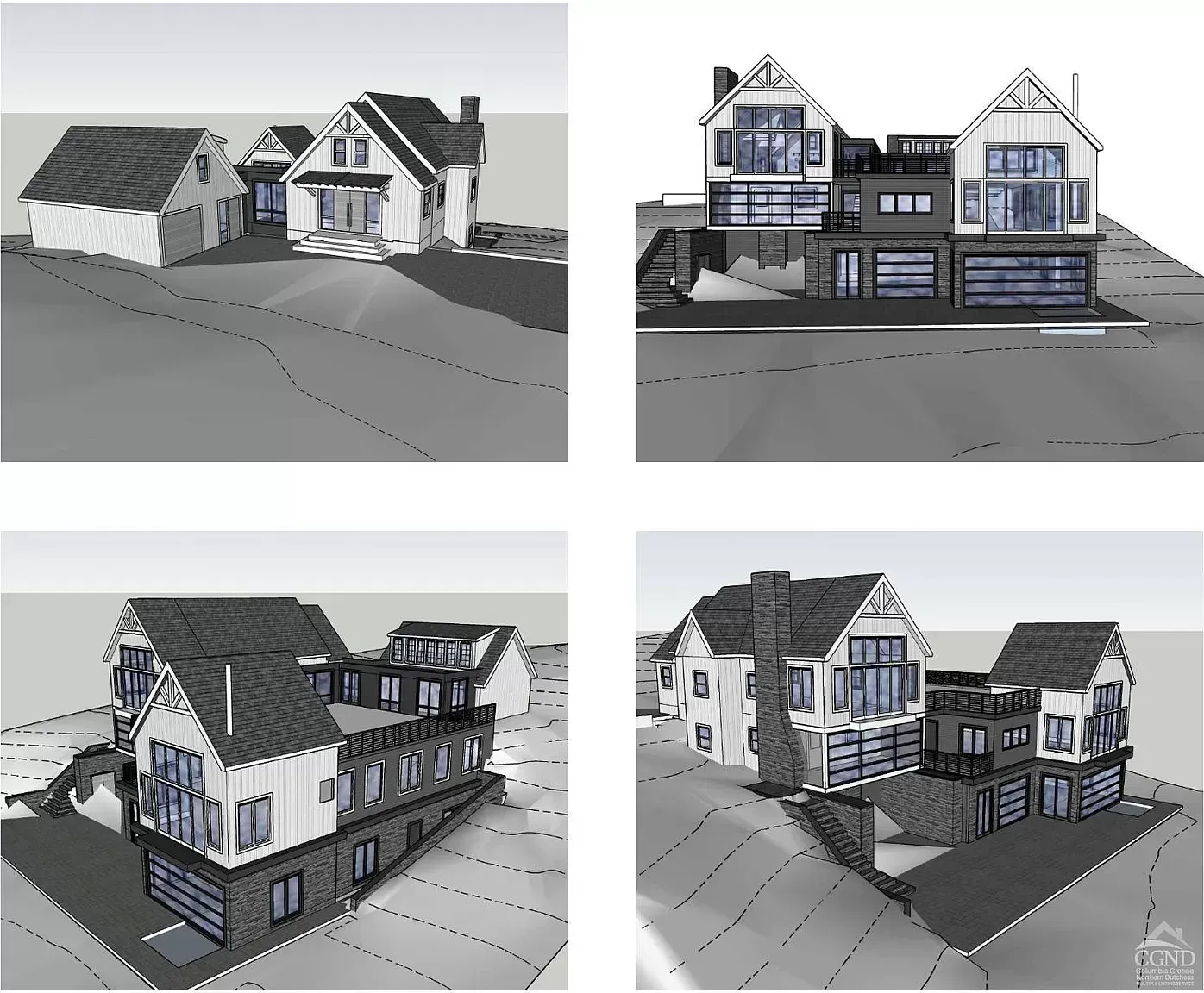 Four black and white images of a house on a hill