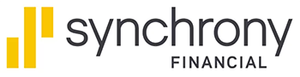 The logo for synchrony financial is black and yellow on a white background.