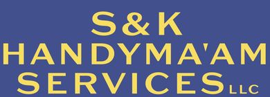 Logo for S&K Handymama'am Services, LLC, in gold text on a blue background.