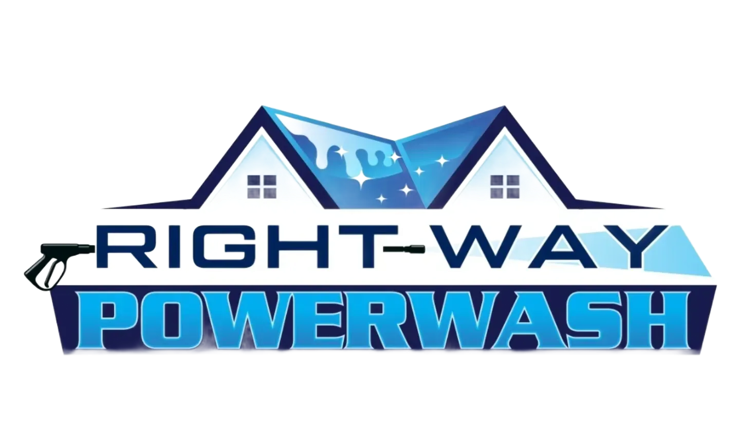 Logo for Right-Way Powerwash: House roof with washing effect, blue and white text, a spray gun.