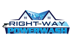 Logo for Right-Way Powerwash: House roof with washing effect, blue and white text, a spray gun.