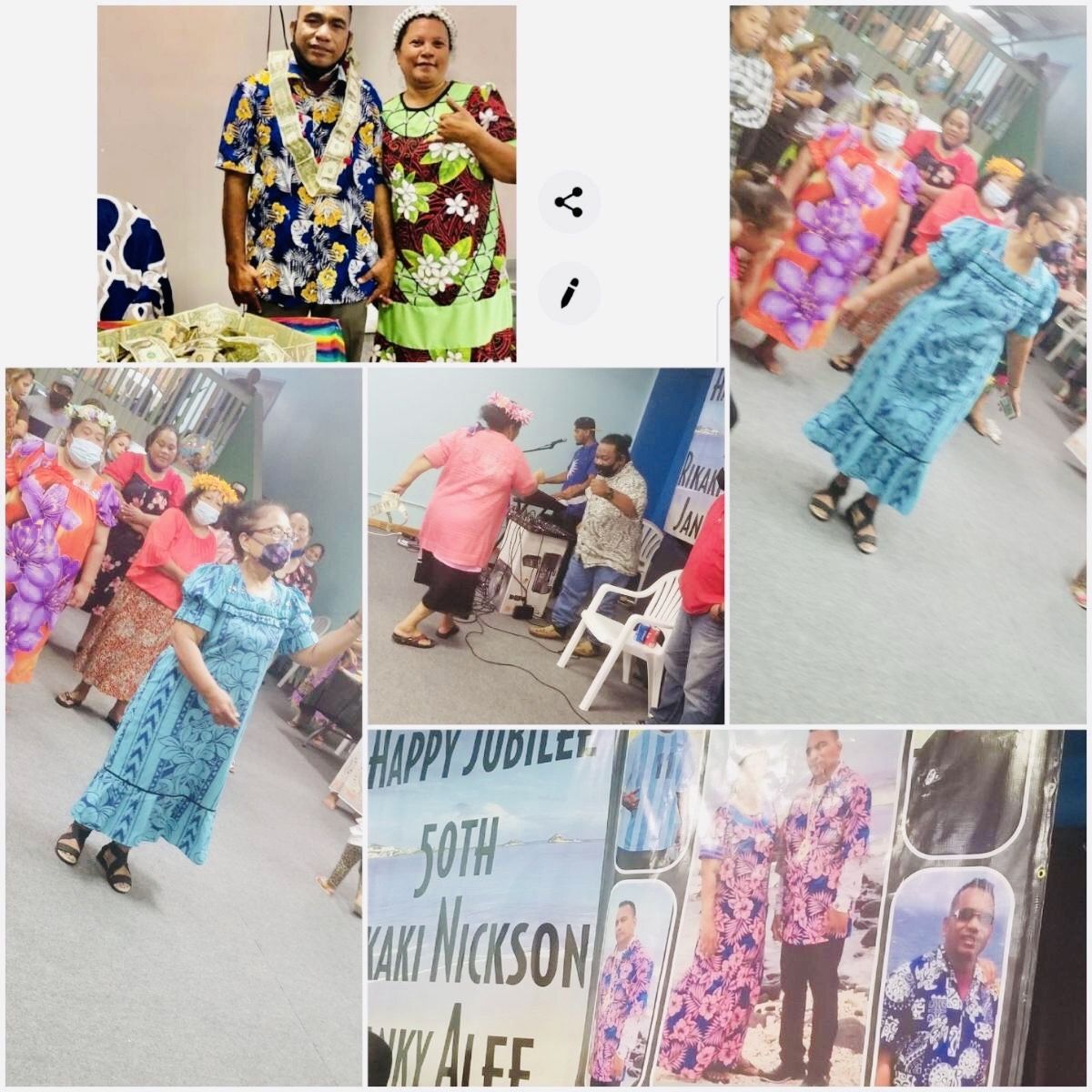 Celebration collage: People in floral attire, dancing, holding signs; 50th jubilee of Yaki Nickson & family.