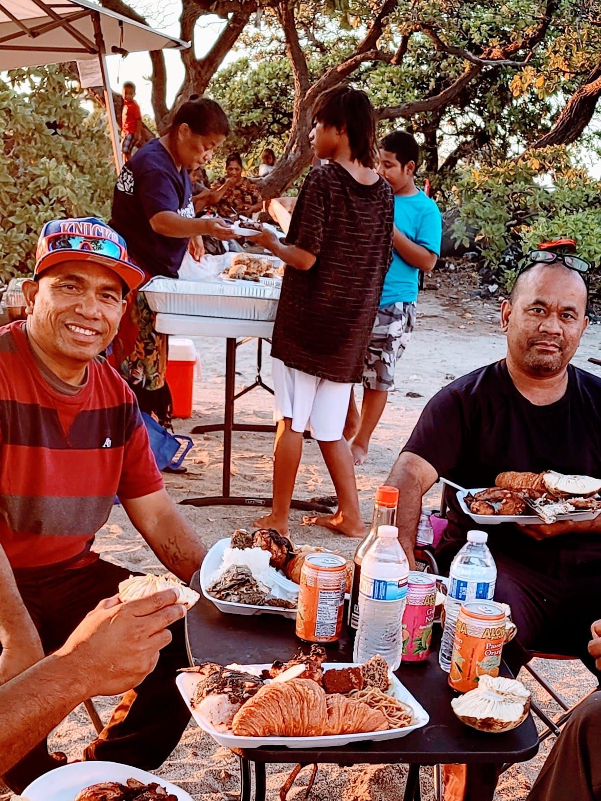 People at a picnic: men eating, others serving food from a table, under trees, sunny day.
