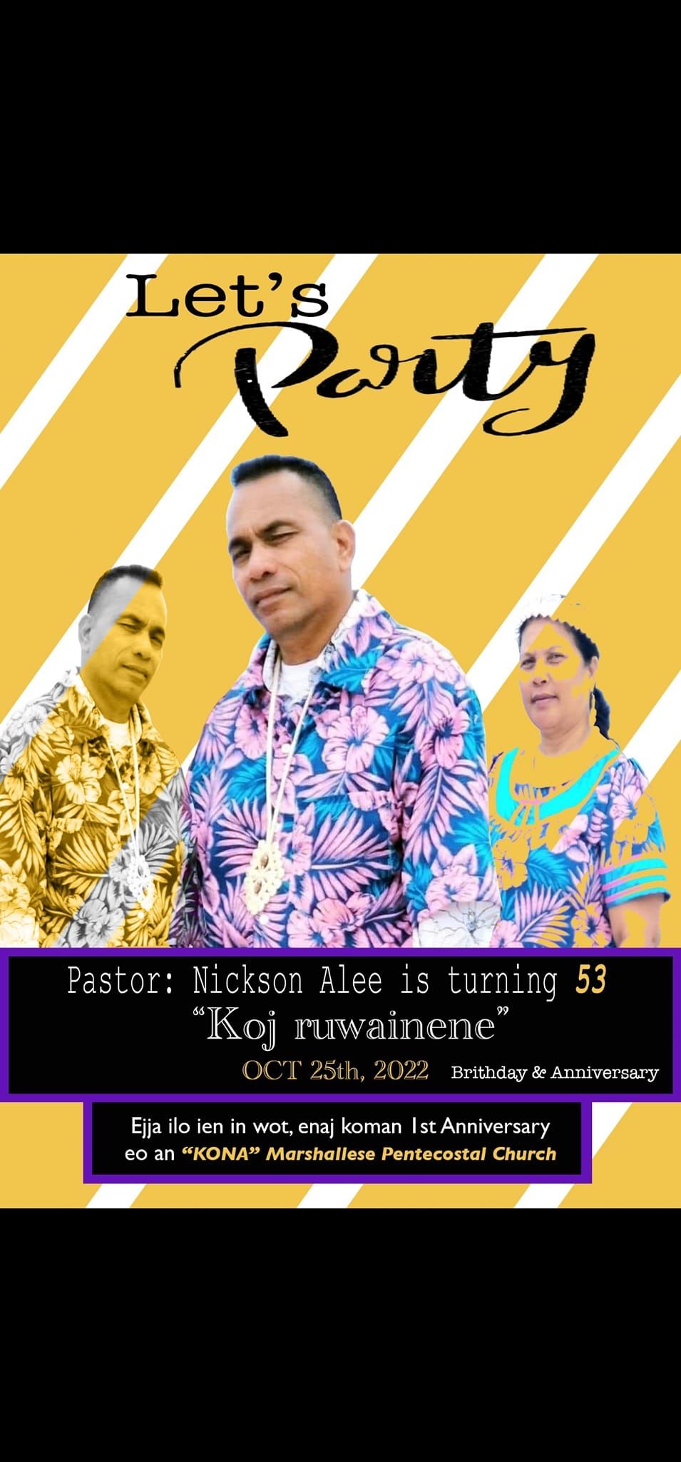 Party invitation. Man celebrating turning 53, purple florals, yellow and white diagonal stripes, text on purple.