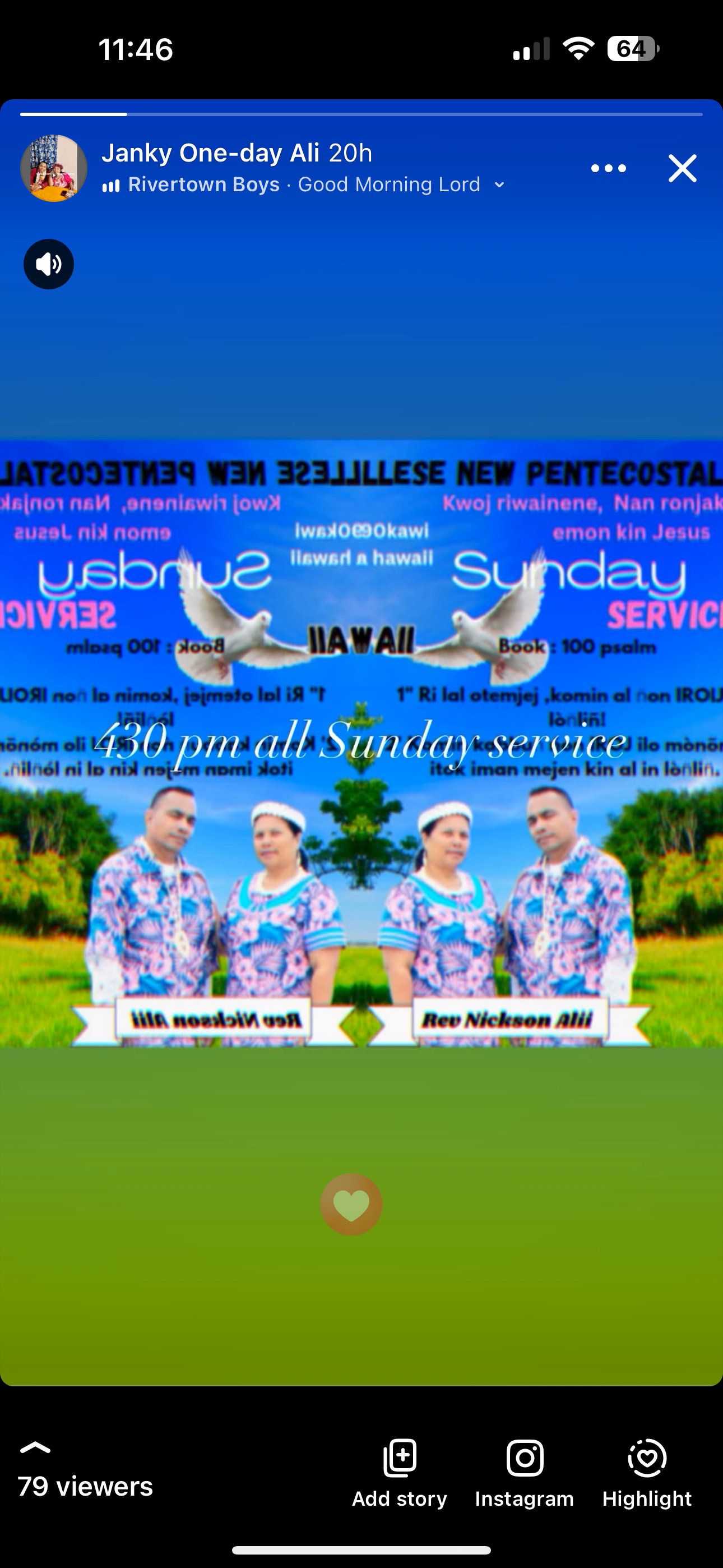 Poster advertising a Sunday service with doves and four people. Blue and green background.