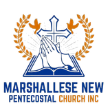 Logo of Marshallese New Pentecostal Church Inc: praying hands, cross, doves, open book, and laurel wreath.