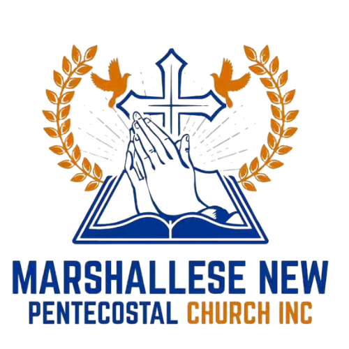 Logo of Marshallese New Pentecostal Church Inc: praying hands, cross, doves, open book, and laurel wreath.