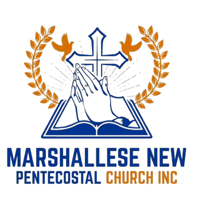 Logo of Marshallese New Pentecostal Church Inc: praying hands, cross, doves, open book, and laurel wreath.