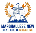 Logo for Marshallese New Pentecostal Church Inc. with praying hands, cross, doves, and text.