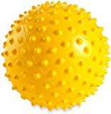 A yellow ball with spikes on it on a white background.