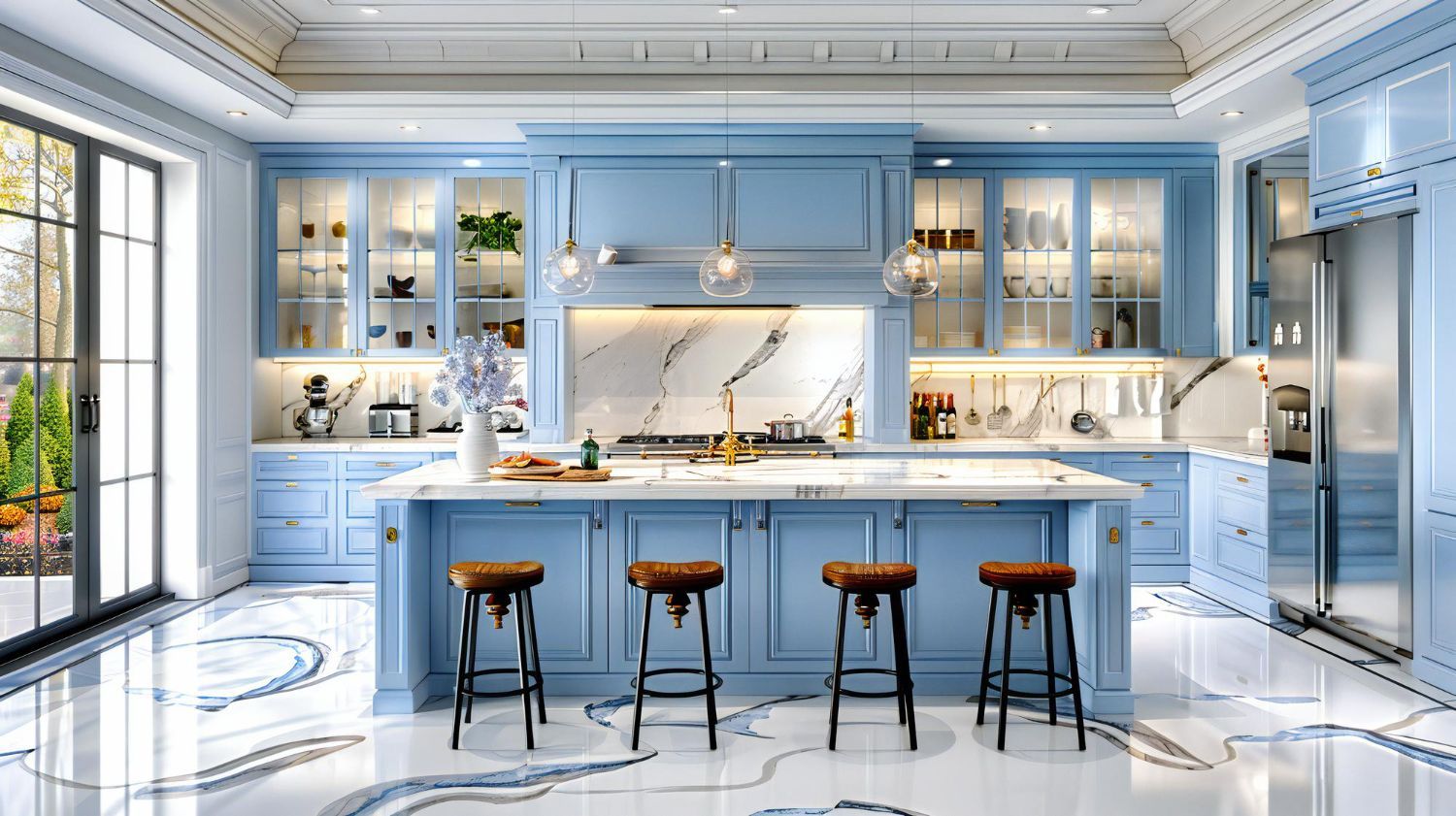 Blue and white kitchen with island, marble countertops, glass-front cabinets, and black barstools.
