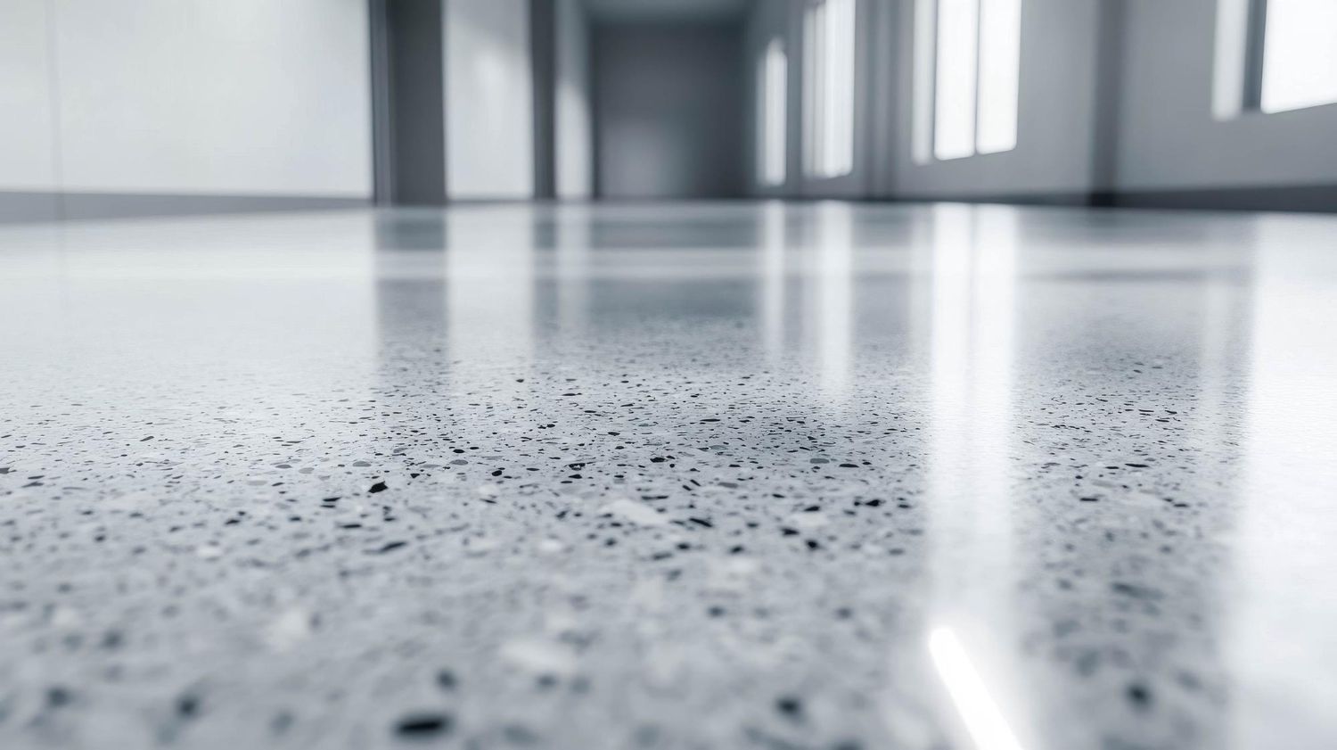 Polished concrete floor reflecting a hallway with windows and white walls.