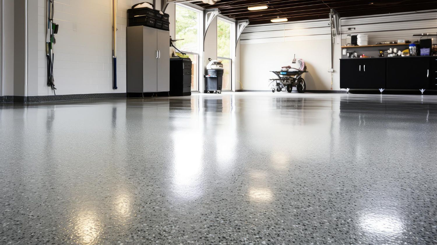 A garage with a polished, grey speckled epoxy floor, white walls, storage cabinets, and bright overhead lighting.