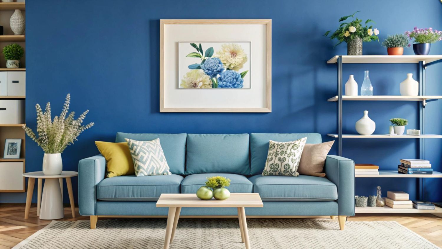 A blue sofa with patterned and solid pillows sits in front of a blue wall featuring framed art and shelving with decor.
